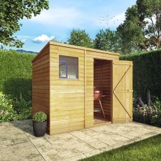5 x 7 Mercia Overlap Pent Shed - with background and angled with door open