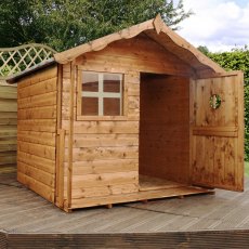 5 x 5 (1.60m x 1.1m) Mercia Tulip Playhouse Dimensions - angled with door open