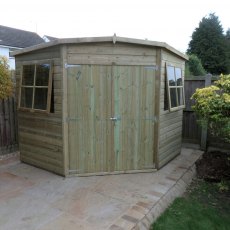 8 x 8 Shire Tongue and Groove Corner Shed - Pressure Treated - front with doors closed