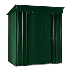 Isolated view of 5 x 3 Lotus Pent Metal Shed in Heritage Green with sliding doors closed