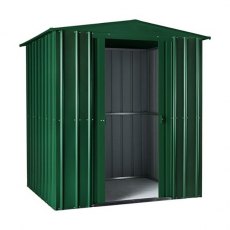 Isolated view of 6 x 4 Lotus Apex Metal Shed in Heritage Green with sliding doors open