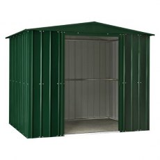 Isolated view of 8 x 3 Lotus Apex Metal Shed in Heritage Green with sliding doors open