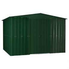 Isolated view of 10 x 8 Lotus Apex Metal Shed in Heritage Green with sliding doors closed