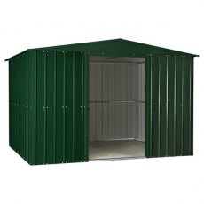 Isolated view of 10 x 8 Lotus Apex Metal Shed in Heritage Green with sliding doors open