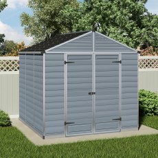 8x8 Palram Skylight Plastic Apex Shed - Dark Grey - with background and door closed