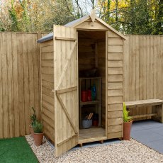 4x3 Forest Overlap Apex Garden Shed - Pressure Treated - with background and door open