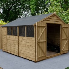 10x8 Forest Overlap Apex Shed - Pressure Treated - angled shed with door open