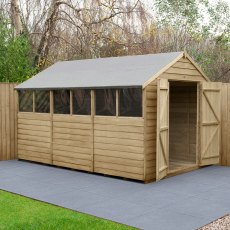 12 x 8 Forest Overlap Apex Shed - Pressure Treated - angled shed with door open
