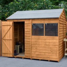 8x6 forest Overlap Reverse Apex Shed- angled shed with door open