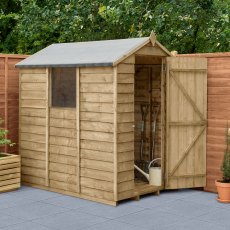 6 x 4 Forest Overlap Apex Shed - Pressure Treated -  angled shed with door open