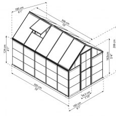 6 x 10 Palram Hybrid Greenhouse in Grey - dimensions