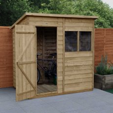 6x4 Forest Overlap Pent Shed - Pressure Treated - in situ with door open