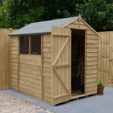 7x5 Forest Overlap Apex Shed - Pressure Treated - in situ with door open