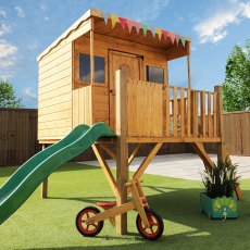 Mercia Pent Style Playhouse with Tower & Slide - insitu angled view