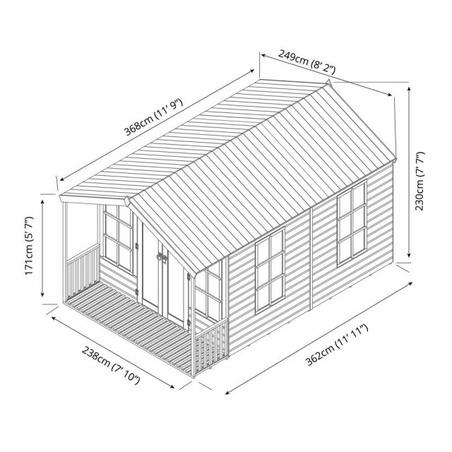 8 x 12 Mercia Premium Traditional T&G Summerhouse with Veranda - dimensions diagram