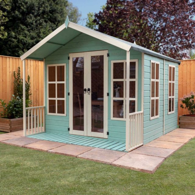 8 x 10 Mercia Premium Traditional T&G Summerhouse with Veranda - angled view, painted for decoration