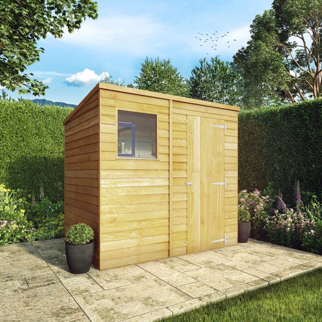 5 x 7 Mercia Overlap Pent Shed - with background and angled with door closed