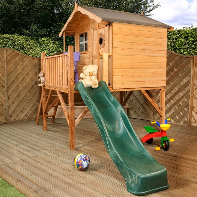 5x7 Mercia Tulip Tower Playhouse with Slide - insitu angled view