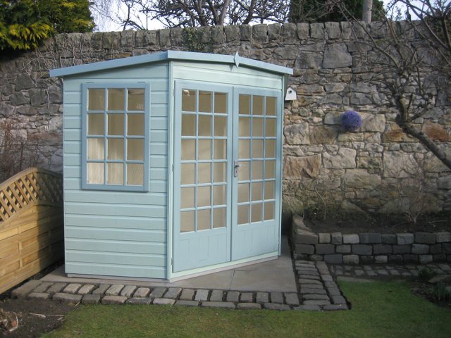 7 x 7 Shire Gold Windsor Corner Summerhouse - painted side view
