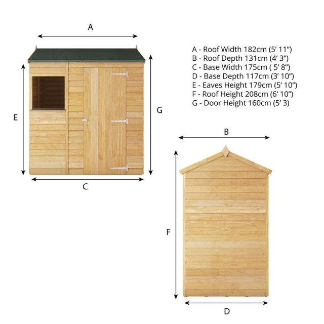 6 x 4 Mercia Overlap Reverse Shed - dimensions