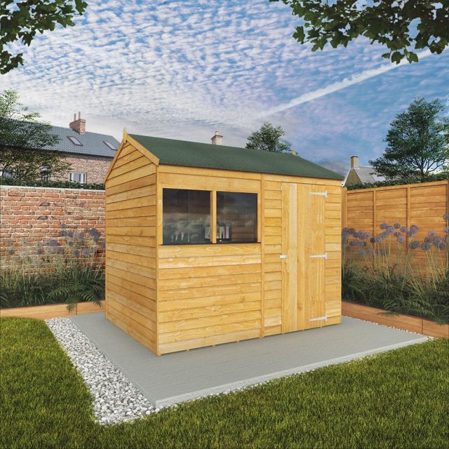 8 x 6 Mercia Overlap Reverse Shed - in situ - angle view - doors closed