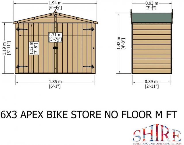 3 x 6 Shire Shiplap Bike Storage - No Floor - Dimensions