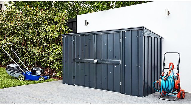 Side view of 8 x 3 Lotus Metal Triple Bin Store in Anthracite Grey with doors and lid closed