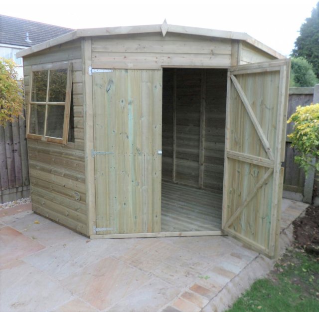 8 x 8 Shire Tongue and Groove Corner Shed - Pressure Treated - front elevation with one door open