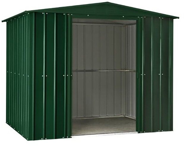 Isolated view of 8 x 6 Lotus Apex Metal Shed in Heritage Green with sliding doors open