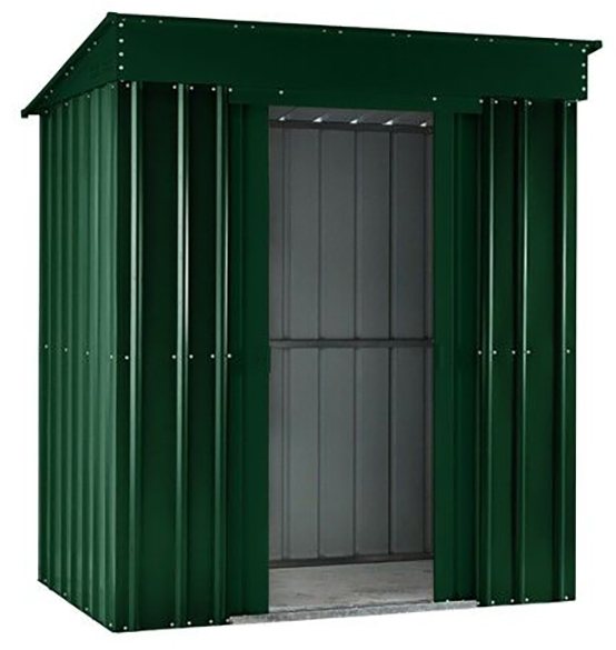 Isolated view of 6 x 4 Lotus Pent Metal Shed in Heritage Green with sliding doors open