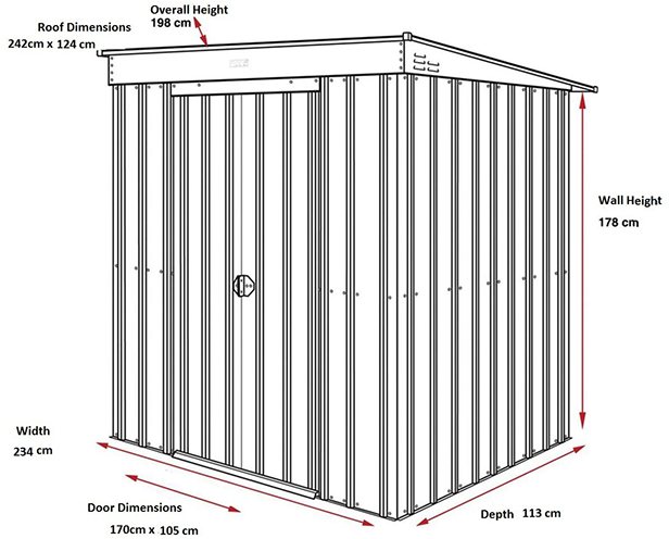 Dimensions for 8 x 4 Lotus Pent Metal Shed in Heritage Green