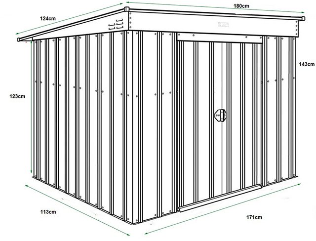 Dimensions for 6 x 4 Lotus Low Pent Metal Shed in Heritage Green