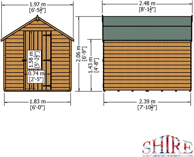 8 x 6 Shire Value Overlap Pressure Treated Shed - Windowless - Dimensions