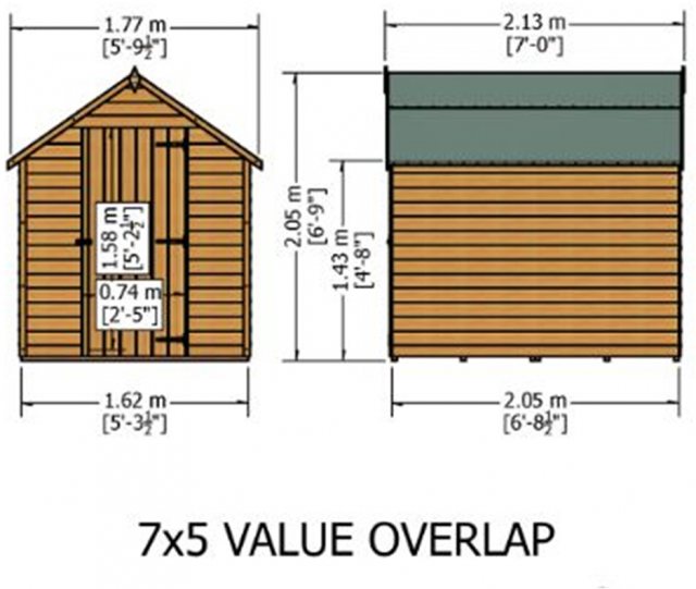 7 x 5 Shire Value Overlap Pressure Treated Shed - Windowless - Dimensions