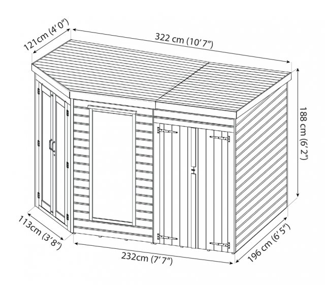 10 x 7 (3.13m x 1.98m) Mercia Corner Summerhouse with Side Storage - Dimension Drawing
