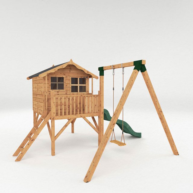 5 x 5 (1.49m x 1.51m) Poppy Tower Playhouse with Activity Centre - isolated angled view