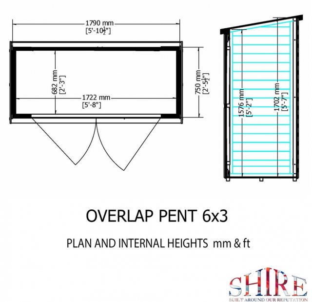 3 x 6 Shire Pent Overlap Shed with Double Doors - internal dimensions