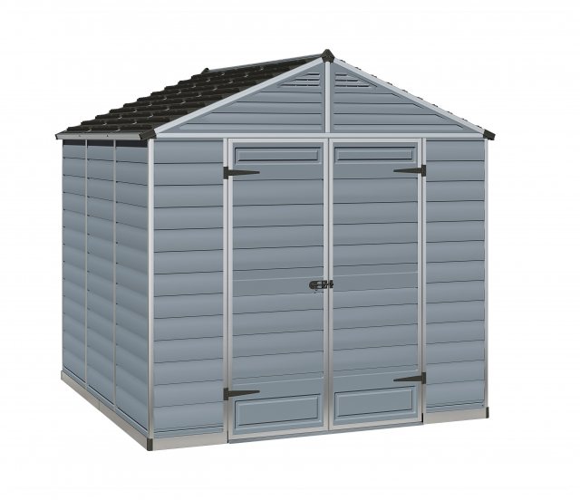 8x8 Palram Skylight Plastic Apex Shed - Dark Grey - white background and doors closed
