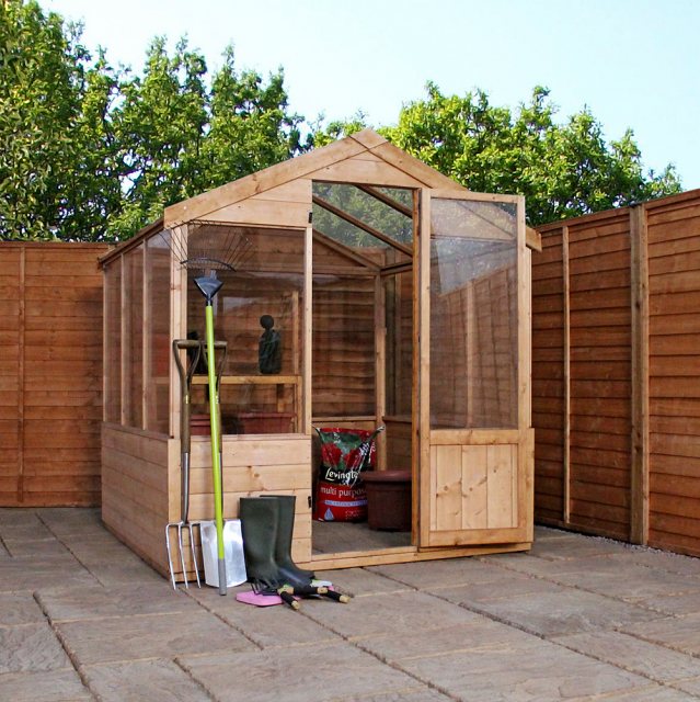 8 x 6 Mercia Traditional Greenhouse - door open with gardening equipment inside