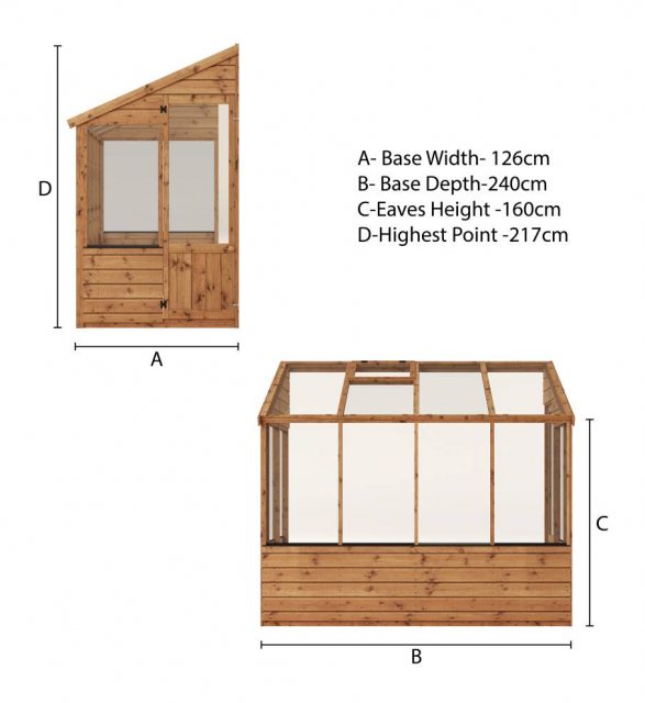 8 x 4 Mercia Evesham Lean-to Greenhouse - dimensions diagram