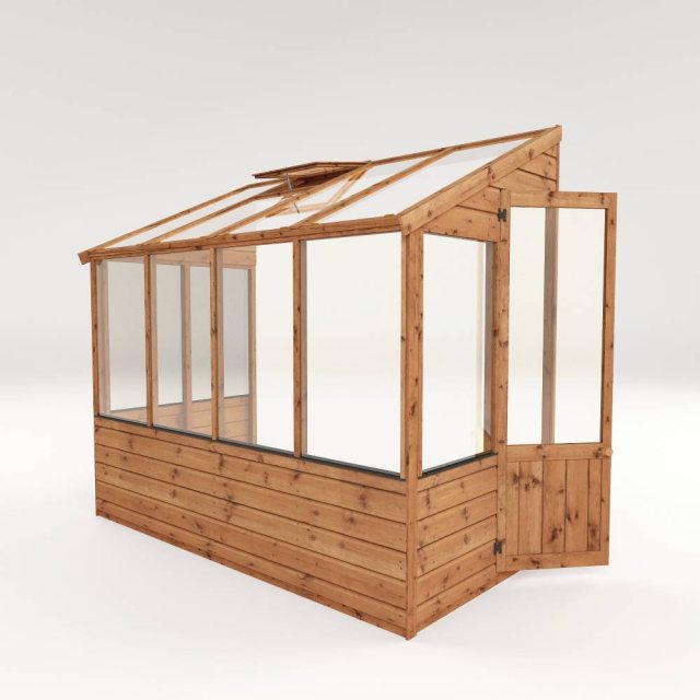 8 x 4 Mercia Evesham Lean-to Greenhouse - isolated, side view with door open