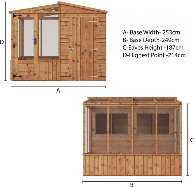 8 x 8 Mercia Premium Greenhouse and Shed Combi - dimensions diagram