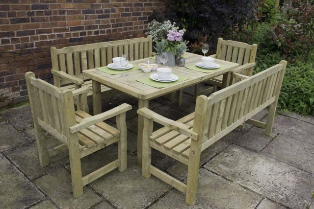Forest Rosedene 5ft Table - Pressure Treated - dressed for dinner with matching table and chairs