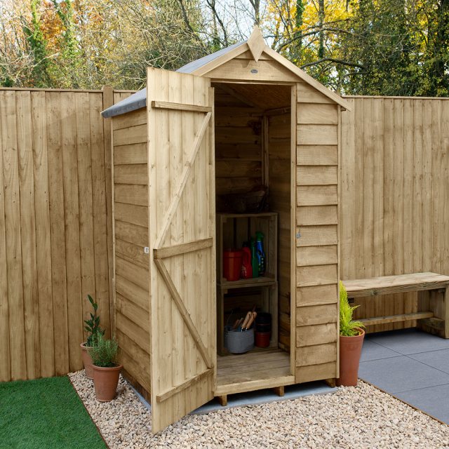 4x3 Forest Overlap Apex Garden Shed - Pressure Treated - with background and door open