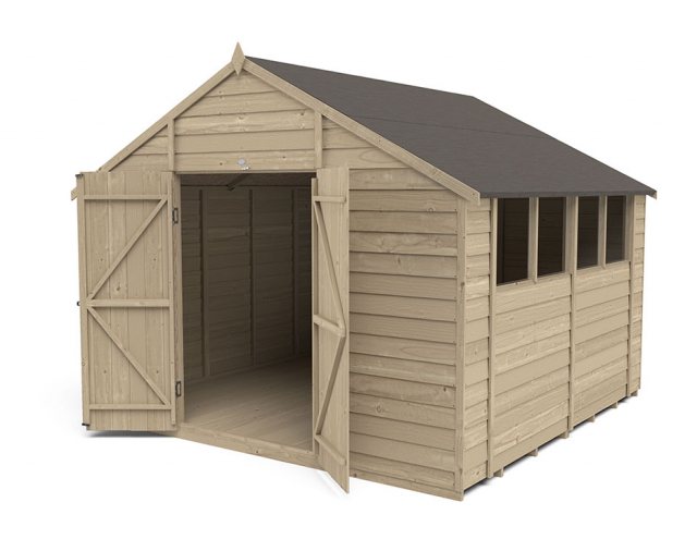 10 x 10 Forest Overlap Apex Workshop Shed - Pressure Treated - isolated showing doors open and windo
