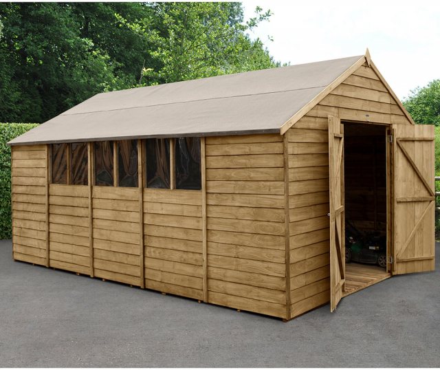 10 x 15 Forest Overlap Workshop Shed - Presure Treated - angled shed with door open