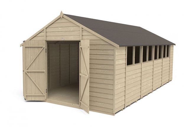 10 x 20 Forest Overlap Apex Workshop Shed - Pressure Treated - doors open and windows on the right h