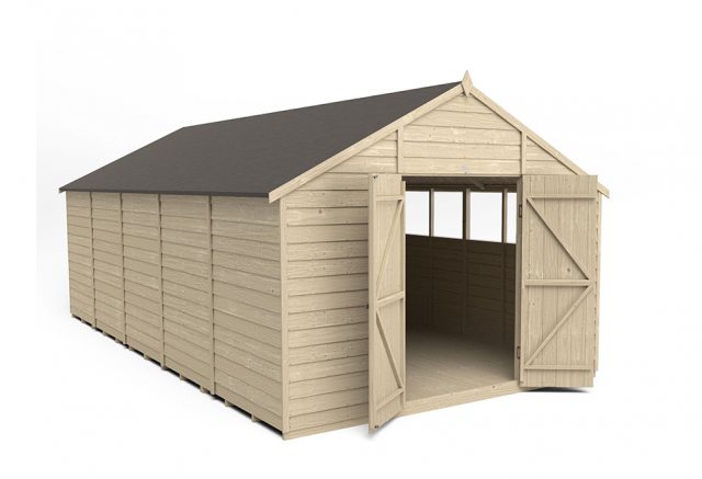 10 x 20 Forest Overlap Apex Workshop Shed - Pressure Treated - isolated and angled with doors open