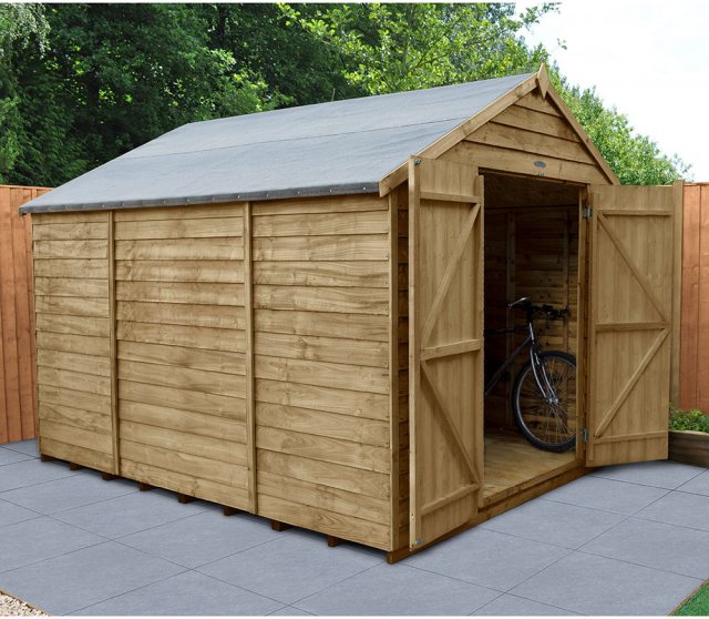 10 x 8 Forest Overlap Apex Shed - No Windows - Pressure Treated - angled shed with door open