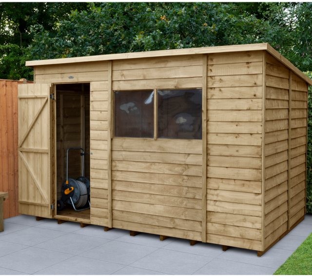 10 x 6 Forest Overlap Pent Shed - Pressure Treated - insitu with door open on the left hand side